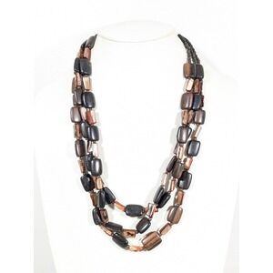 Brown Wood & Shell Bead Multi Strand Necklace Boho Natural Statement 24"